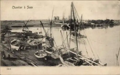 Ak Suez Ägypten, Boote am Ufer