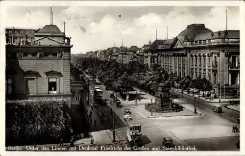 Ak Berlin Mitte, Unter den Linden, Denkmal Friedrich der Große, Staatsbibliothek