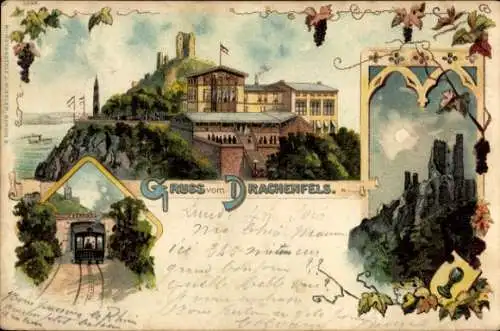 Litho Königswinter am Rhein, Drachenfels, Ruine, Zahnradbahn