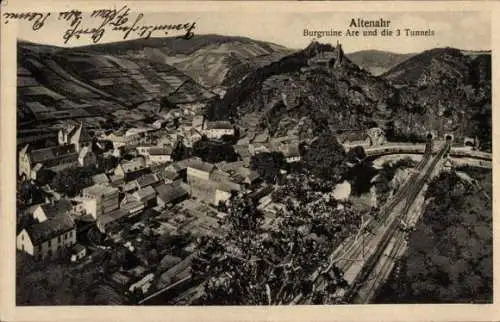 Ak Altenahr im Ahrtal, Burgruine Are, 3 Tunnel, Gesamtansicht