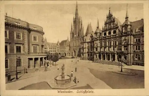 Ak Wiesbaden in Hessen, Schlossplatz, Brunnen