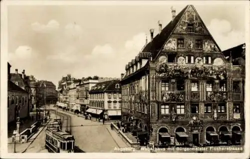 Ak Augsburg in Schwaben, Weberhaus, Bürgermeister Fischerstraße, Straßenbahn