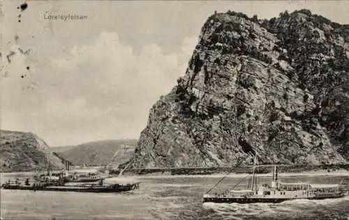 Ak Sankt Goarshausen am Rhein, Loreleyfelsen, Dampfer