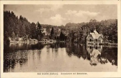 Ak Bad Sachsa im Harz, Schmelzteich mit Bootsstation