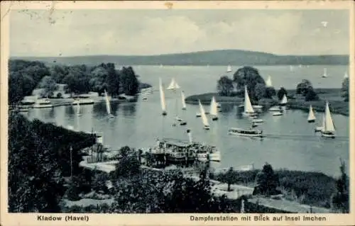 Ak Berlin Spandau Kladow, Dampferstation mit Blick auf Insel Imchen