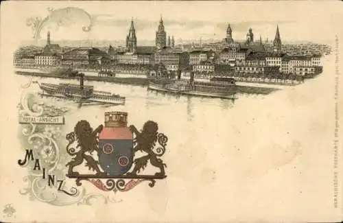 Wappen Litho Mainz am Rhein, Totalansicht der Stadt, Dampfer