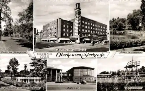 Ak Sterkrade Oberhausen, Hochhaus, Glockenspiel, Stadtgarten, Gondelweiher, Zeche, Schwimmbad