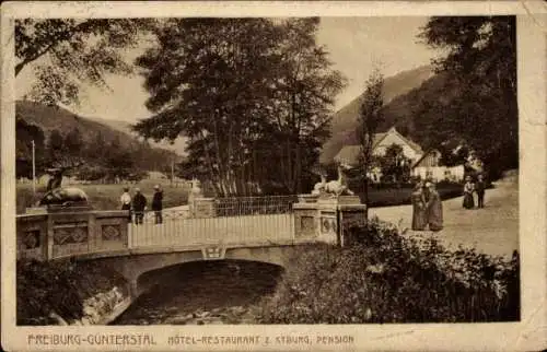 Ak Günterstal Freiburg im Breisgau, Hotel-Restaurant und Pension zur Kyburg, Hirschskulptur, Brücke