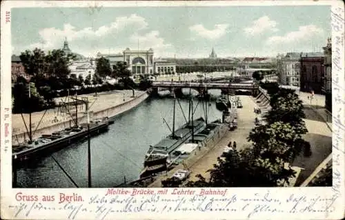 Ak Berlin Tiergarten, Moltke-Brücke mit Lehrter Bahnhof, Lastschiffe