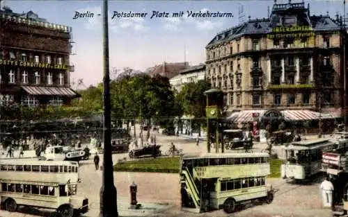 Ak Berlin Tiergarten, Potsdamer Platz mit Verkehrsturm, Busse