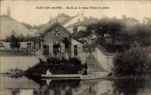 Ak Scey sur Saône Haute Saône, Ufer der Saône, Fischerhütte