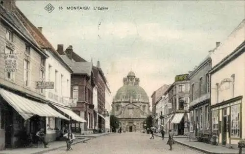 Ak Montaigu Scherpenheuvel Flämisch Brabant, Blick auf Kirche, Geschäftsstraße