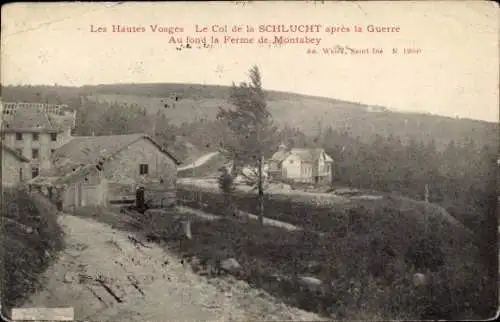 Ak Col de la Schlucht Vosges, Au fond la Ferme de Montabey, Apres la Guerre