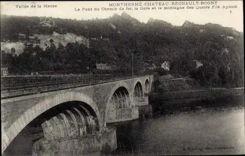 Ak Monthermé Ardennes, Chateau Regnault Bogny, Pont du Chemin de fer, Gare, Montagne des Quatre Fils