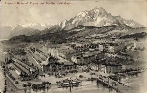 Litho Luzern Stadt Schweiz, Bahnhof, Pilatus, Schiller Hotel Garni