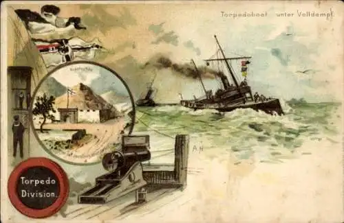 Künstler Litho Deutsches Kriegsschiff, Torpedoboot unter Volldampf, Kaiserliche Marine, Kiautschau