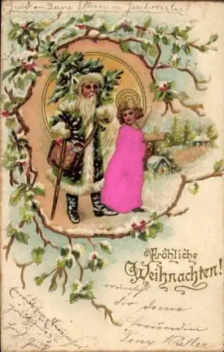 Präge Stoff Litho Frohe Weihnachten, Weihnachtsmann, Engel