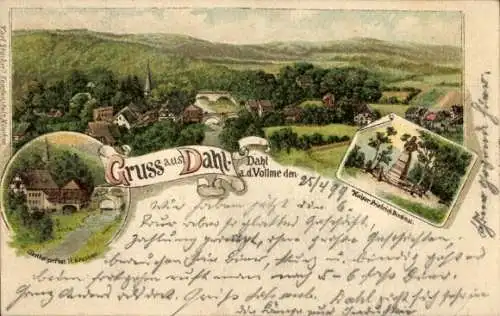 Litho Dahl Hagen in Westfalen, Kaiser-Friedrich-Denkmal, Gesamtansicht, Gasthof zur Post