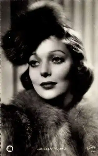 Ak Schauspielerin Loretta Young, Portrait, Hut