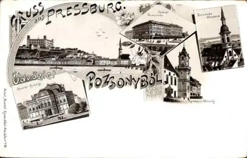 Litho Pozsony Pressburg Bratislava Slowakei, Rathaus, Domkirche, Promenade, Theater