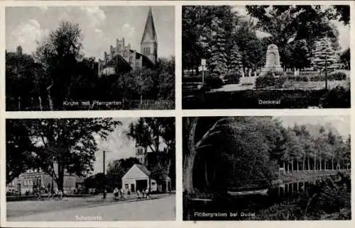 Ak Friedersdorf in der Mark, Kirche, Pfarrgarten, Denkmal, Schulplatz, Flößergraben bei Dudel