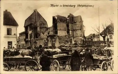 Ak Szczytno Ortelsburg Ostpreußen, Ruinen am Markt, Fuhrwerke, Ostpreußenhilfe