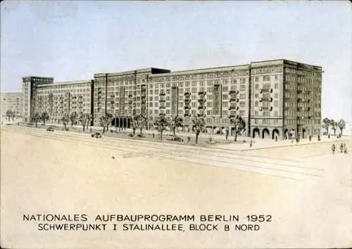 Künstler Ak Berlin Friedrichshain, Stalinallee, Nationales Aufbauprogramm 1952, Block B Nord