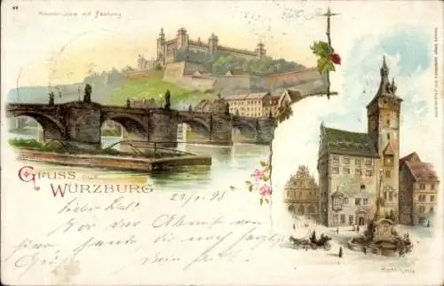 Litho Würzburg am Main Unterfranken, Mainbrücke, Festung, Rathaus