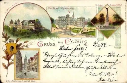 Litho Coburg, Schloss Ehrenburg, Kriegerdenkmal, Veste Coburg