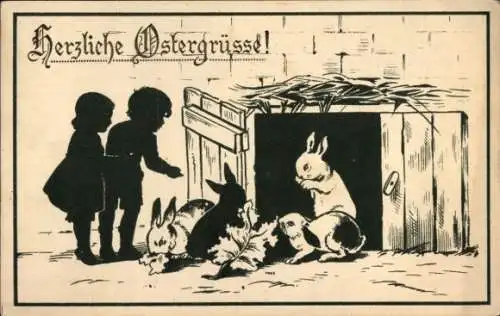 Scherenschnitt Ak Glückwunsch Ostern, Kinder füttern Kaninchen
