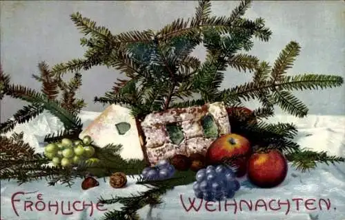 Ak Glückwunsch Weihnachten, Früchte, Apfel, Weintrauben, Tannenzweige