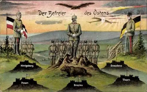 Ak Der Befreier des Ostens, Kaiser Franz Joseph I., Kaiser Wilhelm II., Zeppelin, Breslau, Thorn
