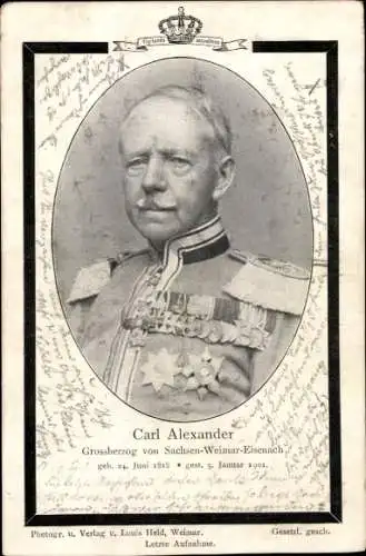 Ak Großherzog Carl Alexander von Sachsen Weimar Eisenach, Portrait, Trauerkarte zum Tod 1901