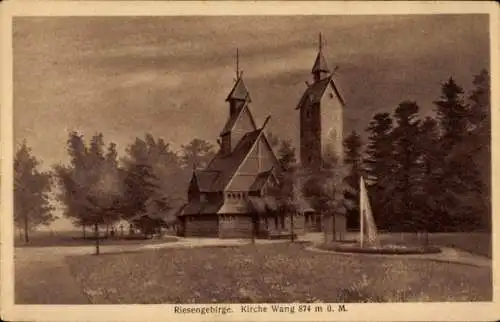 Künstler Ak Karpacz Górny Brückenberg Krummhübel Riesengebirge Schlesien, Kirche Wang, Fontäne