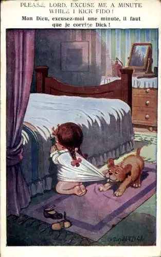 Künstler Ak Hund stört Mädchen beim Gebet