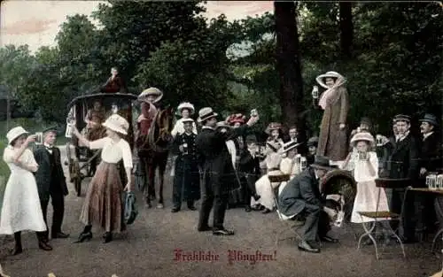 Ak Glückwunsch Pfingsten, Biergarten, Kutsche