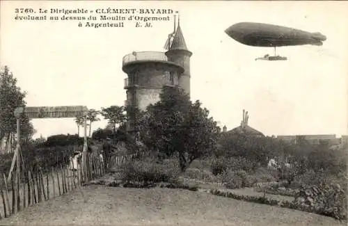 Ak Argenteuil Val d'Oise, Französisches Luftschiff Clement Bayard über der Mühle Orgemont