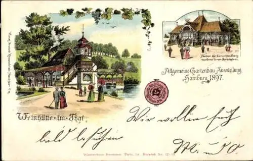 Litho Hamburg Mitte Altstadt, Allgemeine Gartenbau-Ausstellung 1897, Weinhütte im Tal, Samenhandlung