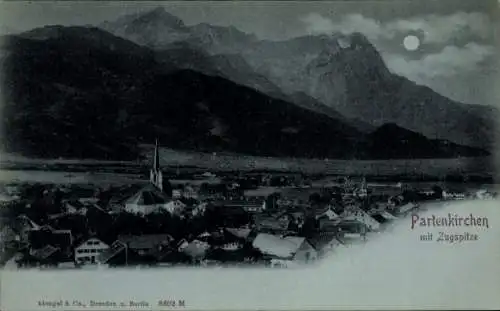 Mondschein Ak Garmisch Partenkirchen in Oberbayern, Panorama, Zugspitze