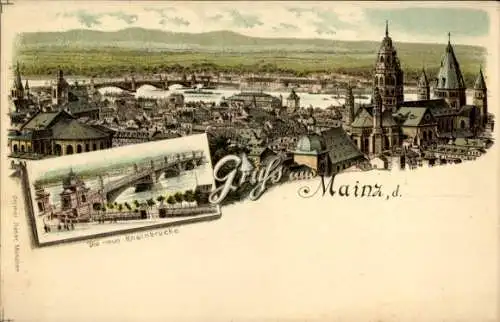 Litho Mainz am Rhein, Die Neue Rheinbrücke, Panorama