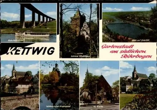 Ak Kettwig Essen im Ruhrgebiet, Ruhrtalbrücke, Schloss Landsberg, Stausee, evangelische Kirche