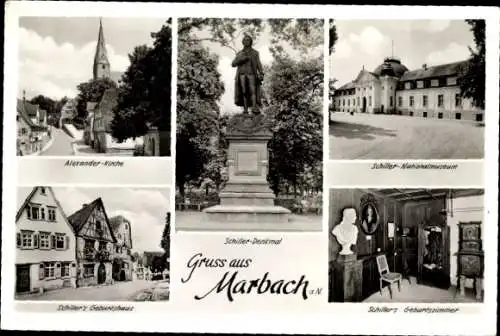 Ak Marbach am Neckar, Alexander-Kirche, Museum, Denkmal, Schillers Geburtshaus