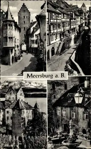 Ak Meersburg am Bodensee, Obertor, Bärenbrunnen, Schloss, Steigstraße. Fachwerkhäuser