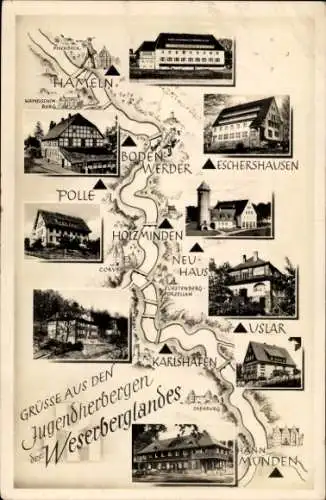 Ak Holzminden an der Weser, Jugendherbergen Weserbergland, Eschershausen, Polle, Uslar, Hann. Münden