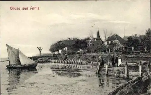 Ak Bad Arnis an der Schlei, Uferpartie, Segelboot