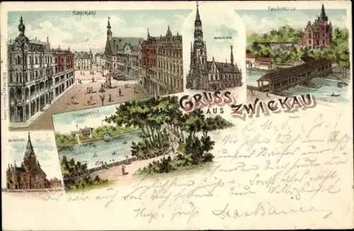 Litho Zwickau in Sachsen, Moritzkirche, Marienkirche, Paradiesbrücke, Hauptmarkt, Schwanenteich