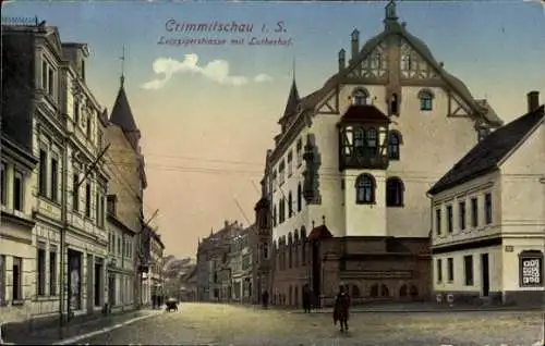 Ak Crimmitschau in Sachsen, Leipzigerstrasse mit Lutherhof