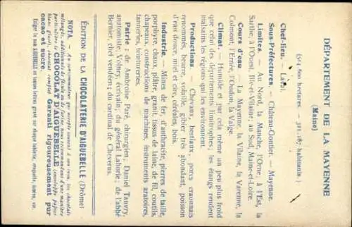Landkarten Ak Mayenne, Laval, Gorron, Werbung für Chocolaterie d'Aiguebelle