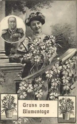 Ak Blumentag, Kaiser Wilhelm I., Frau auf dem Balkon, Blumen