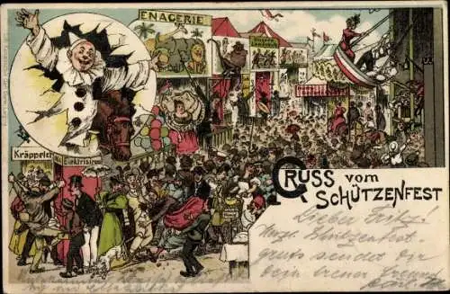 Litho Gruß vom Schützenfest, Harlekin, Menagerie, Jahrmarkt, Schiffschaukel